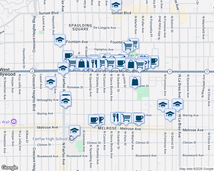 map of restaurants, bars, coffee shops, grocery stores, and more near 1007 North Sierra Bonita Avenue in West Hollywood