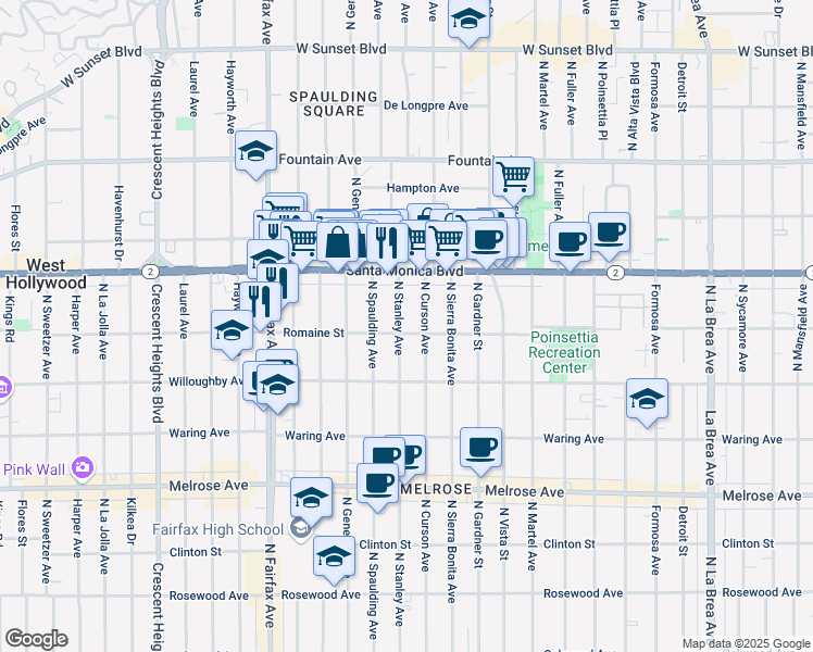 map of restaurants, bars, coffee shops, grocery stores, and more near 1008 North Stanley Avenue in West Hollywood