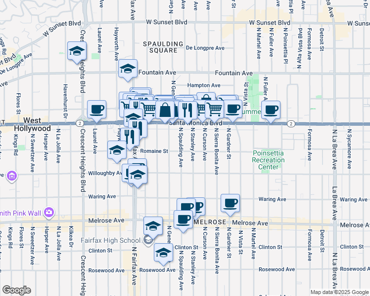 map of restaurants, bars, coffee shops, grocery stores, and more near 7741 Romaine Street in West Hollywood