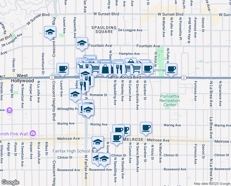 map of restaurants, bars, coffee shops, grocery stores, and more near 7741 Romaine Street in West Hollywood