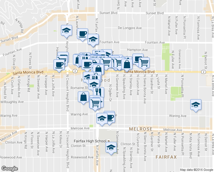 map of restaurants, bars, coffee shops, grocery stores, and more near 1001 North Orange Grove Avenue in West Hollywood