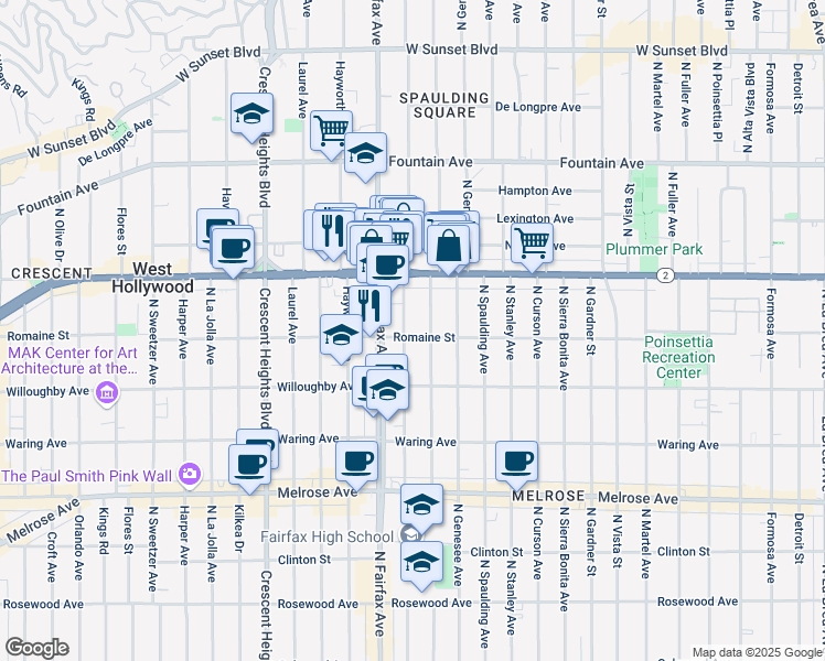 map of restaurants, bars, coffee shops, grocery stores, and more near 1001 North Orange Grove Avenue in West Hollywood