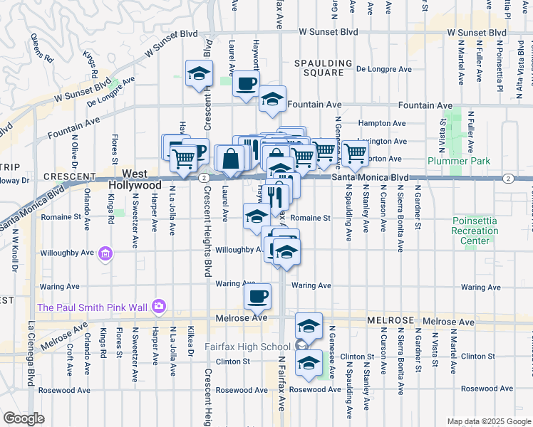 map of restaurants, bars, coffee shops, grocery stores, and more near 7911 Romaine Street in West Hollywood