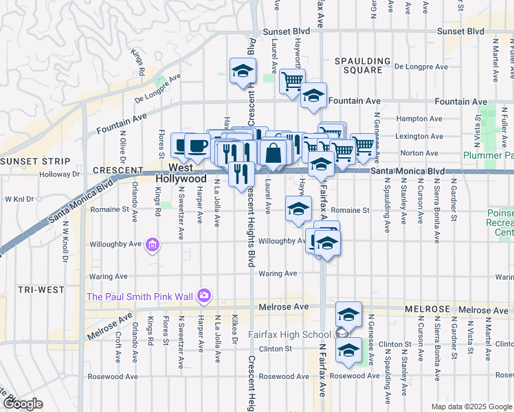 map of restaurants, bars, coffee shops, grocery stores, and more near 1009 North Laurel Avenue in West Hollywood