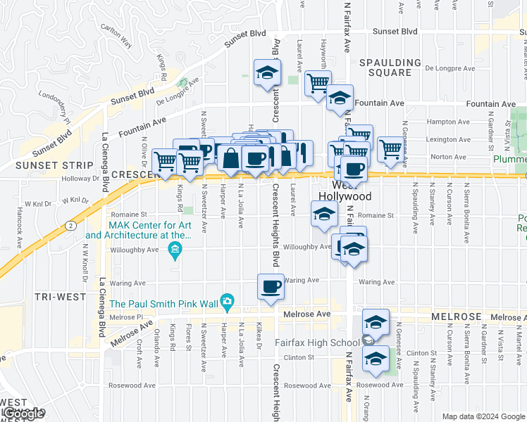 map of restaurants, bars, coffee shops, grocery stores, and more near 1006 Havenhurst Drive in West Hollywood