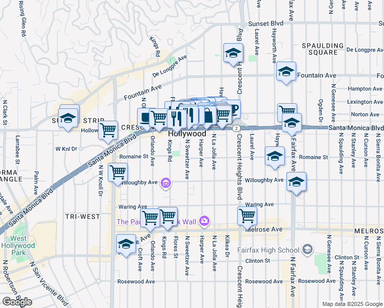 map of restaurants, bars, coffee shops, grocery stores, and more near 1005 North Harper Avenue in West Hollywood