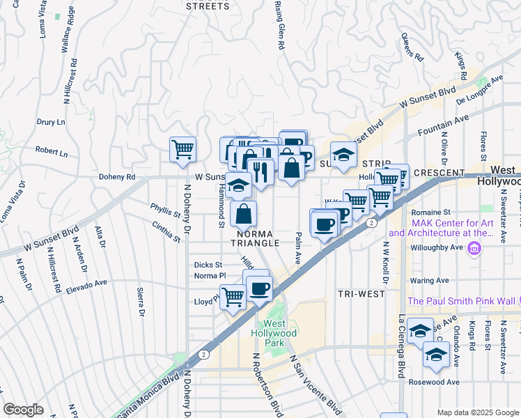 map of restaurants, bars, coffee shops, grocery stores, and more near 955 North San Vicente Boulevard in West Hollywood
