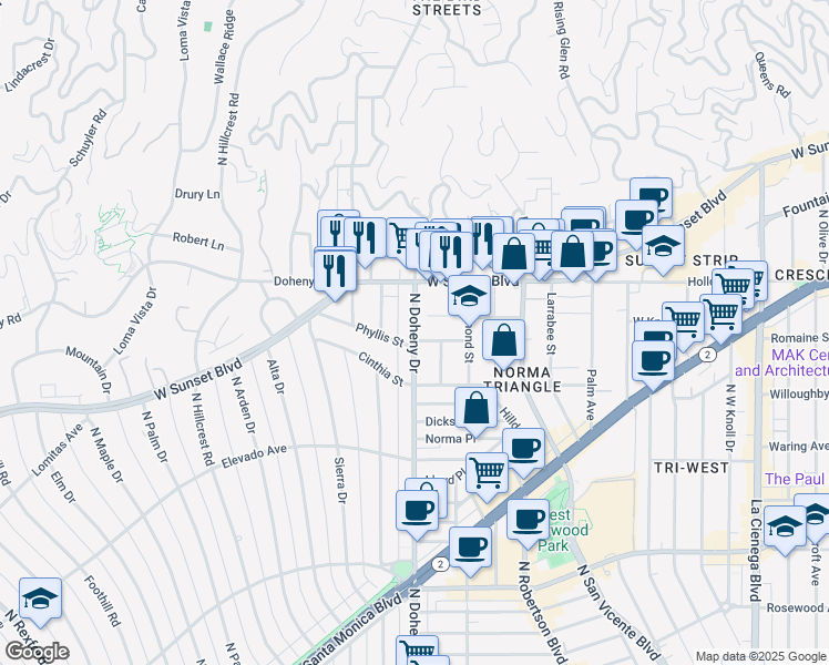 map of restaurants, bars, coffee shops, grocery stores, and more near in West Hollywood