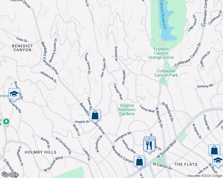 map of restaurants, bars, coffee shops, grocery stores, and more near 1115 Carolyn Way in Beverly Hills
