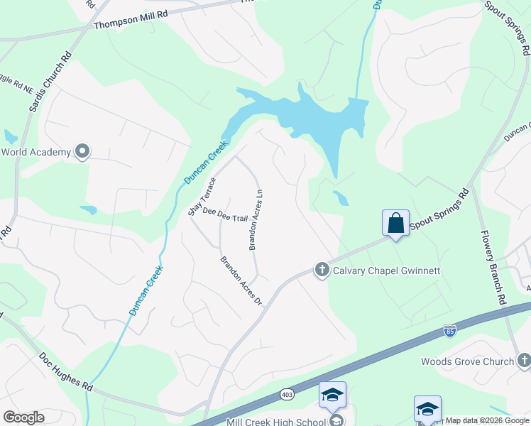 map of restaurants, bars, coffee shops, grocery stores, and more near 4775 Brandon Acres Lane in Buford