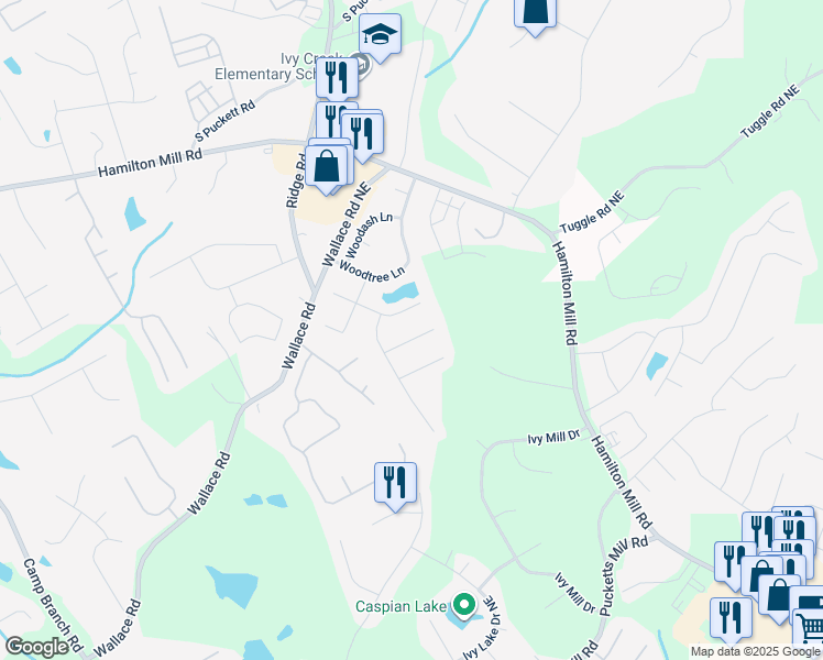 map of restaurants, bars, coffee shops, grocery stores, and more near 3134 Milloak Court Northeast in Buford