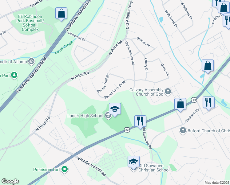 map of restaurants, bars, coffee shops, grocery stores, and more near 1125 Secret Cove Drive Northeast in Sugar Hill