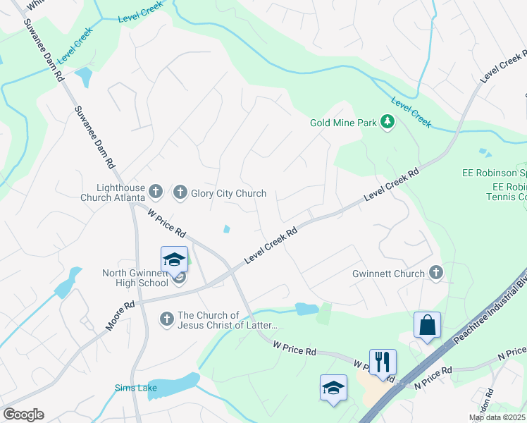 map of restaurants, bars, coffee shops, grocery stores, and more near 4905 Puritan Drive in Sugar Hill