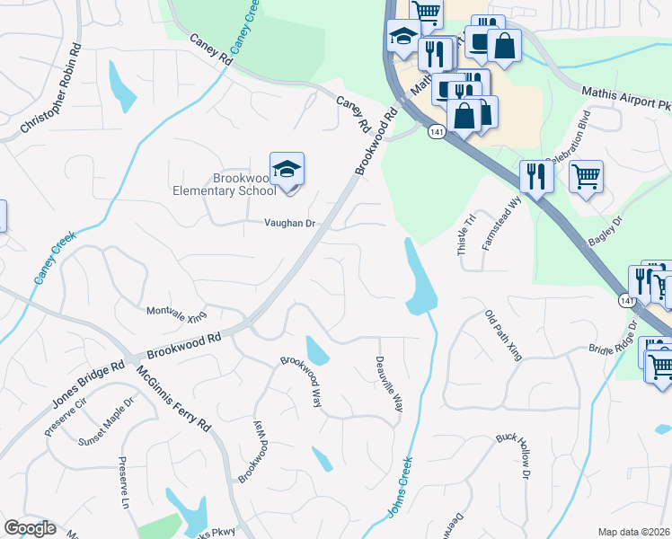 map of restaurants, bars, coffee shops, grocery stores, and more near 3645 Bardfield Court in Cumming