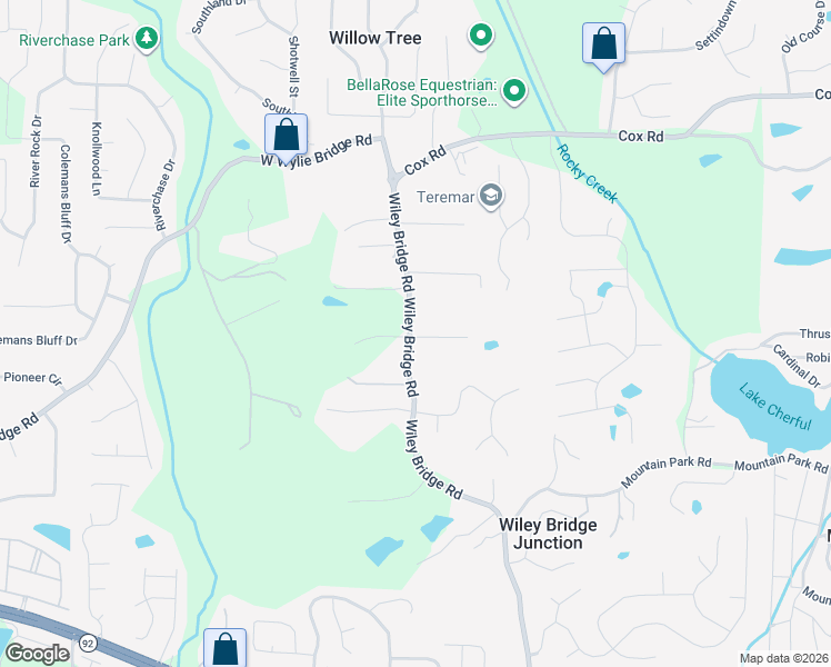 map of restaurants, bars, coffee shops, grocery stores, and more near 1100 Wiley Bridge Road in Woodstock
