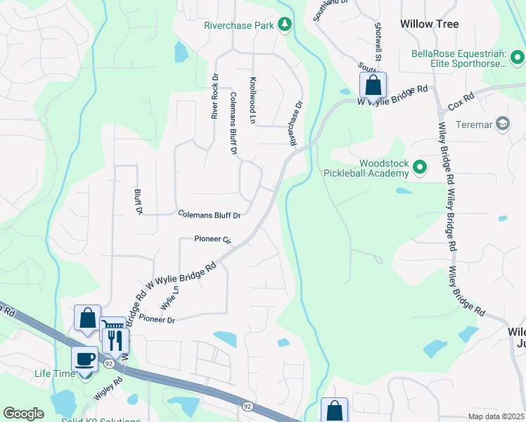 map of restaurants, bars, coffee shops, grocery stores, and more near 1222 West Wylie Bridge Road in Woodstock