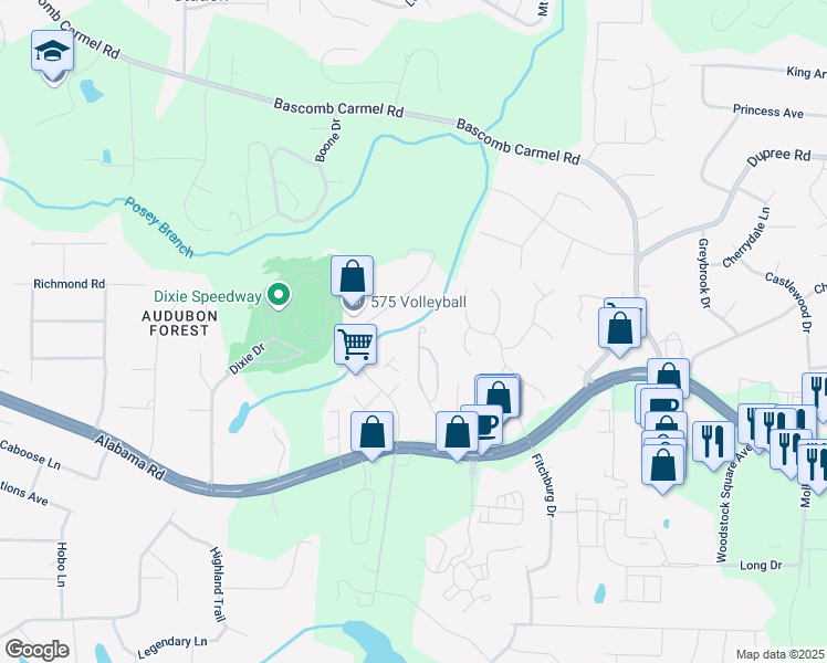 map of restaurants, bars, coffee shops, grocery stores, and more near 203 Townview Drive in Woodstock