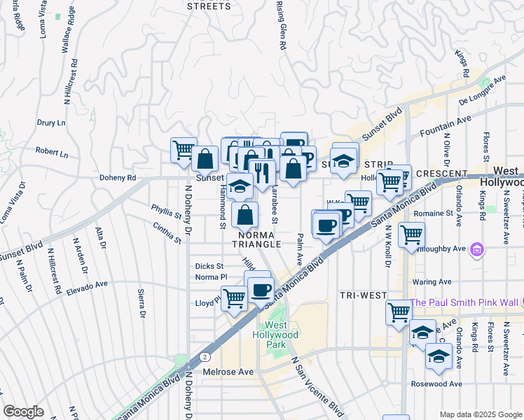 map of restaurants, bars, coffee shops, grocery stores, and more near 960 North San Vicente Boulevard in West Hollywood