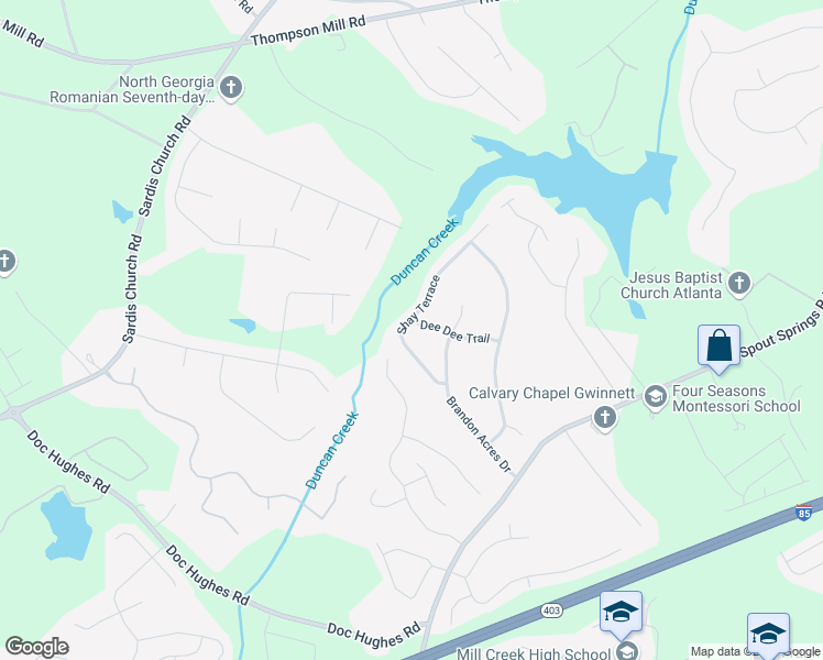 map of restaurants, bars, coffee shops, grocery stores, and more near 4671 Shay Terrace in Buford
