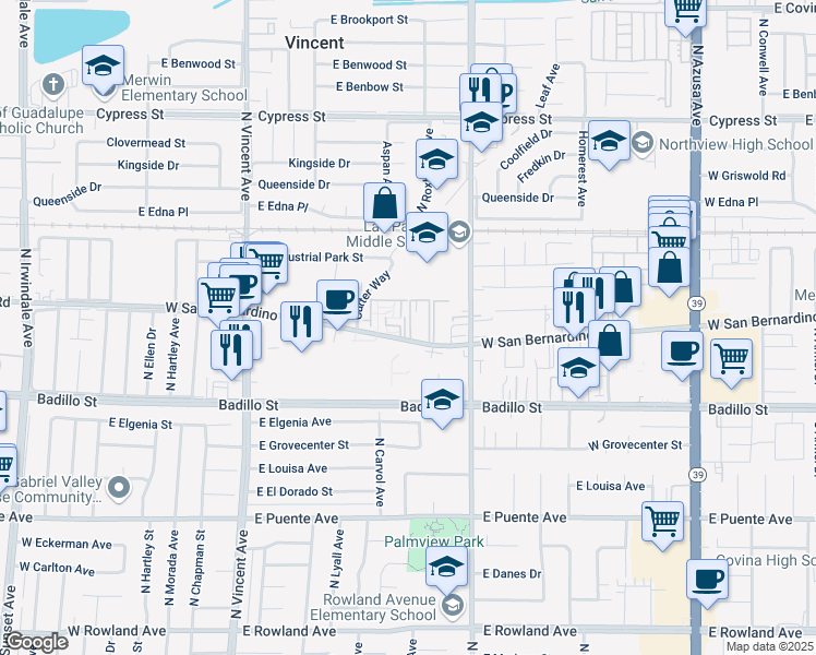 map of restaurants, bars, coffee shops, grocery stores, and more near 1409 West San Bernardino Road in Covina