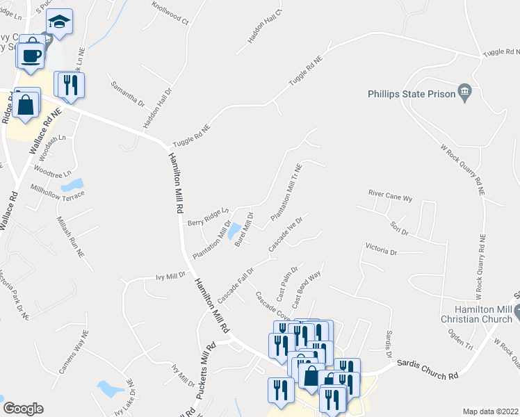 map of restaurants, bars, coffee shops, grocery stores, and more near 3921 Plantation Mill Drive in Buford