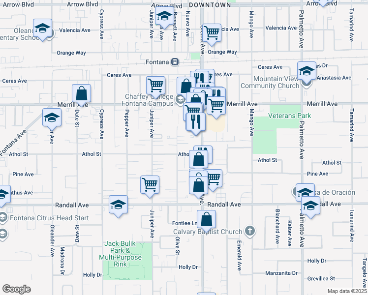 map of restaurants, bars, coffee shops, grocery stores, and more near 9067 Olive Street in Fontana