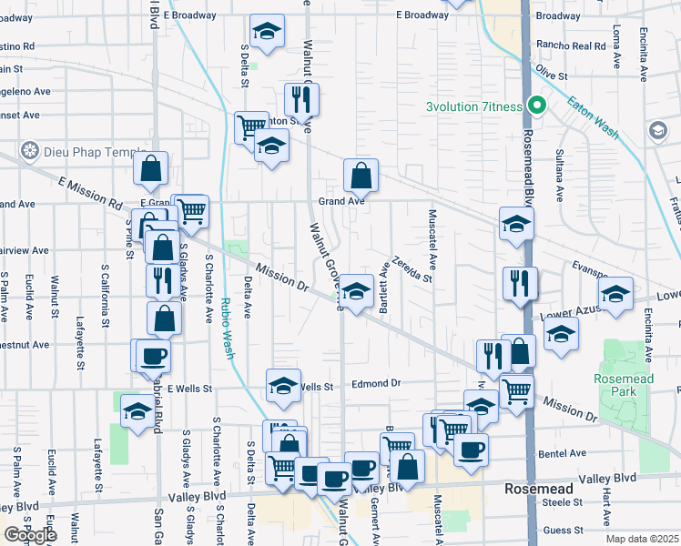 map of restaurants, bars, coffee shops, grocery stores, and more near 4716 Walnut Grove Avenue in Rosemead