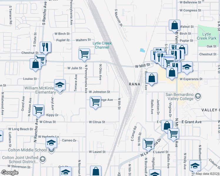 map of restaurants, bars, coffee shops, grocery stores, and more near 1924 Hunter Road in Colton