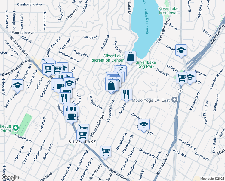 map of restaurants, bars, coffee shops, grocery stores, and more near 1637 Silver Lake Boulevard in Los Angeles