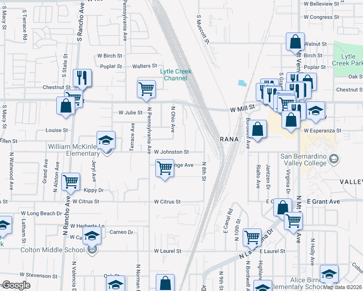 map of restaurants, bars, coffee shops, grocery stores, and more near 1925 Hunter Road in Colton