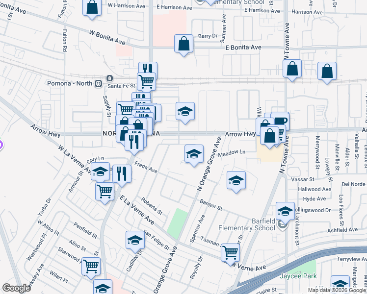 map of restaurants, bars, coffee shops, grocery stores, and more near 324 Albert Avenue in Pomona