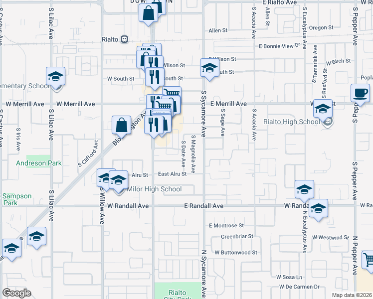 map of restaurants, bars, coffee shops, grocery stores, and more near 681 South Date Avenue in Rialto