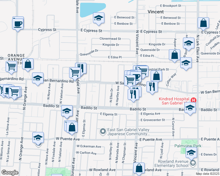 map of restaurants, bars, coffee shops, grocery stores, and more near 4133 North Ellen Drive in Covina