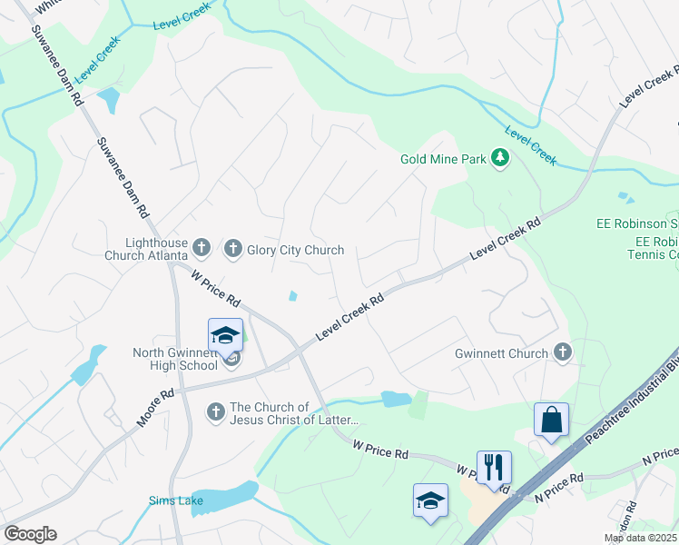 map of restaurants, bars, coffee shops, grocery stores, and more near 4905 Puritan Drive in Sugar Hill