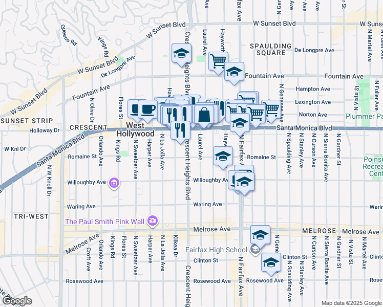 map of restaurants, bars, coffee shops, grocery stores, and more near 1009 North Laurel Avenue in West Hollywood