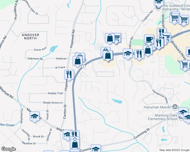 map of restaurants, bars, coffee shops, grocery stores, and more near 1045 Winthrope Chase Drive in Alpharetta
