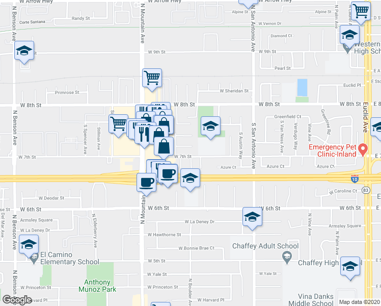 map of restaurants, bars, coffee shops, grocery stores, and more near 1027 West 7th Street in Upland