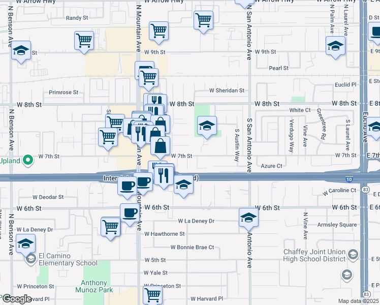 map of restaurants, bars, coffee shops, grocery stores, and more near 1017 West 7th Street in Upland