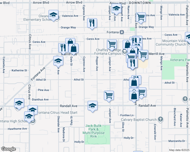 map of restaurants, bars, coffee shops, grocery stores, and more near 9074 Pepper Avenue in Fontana