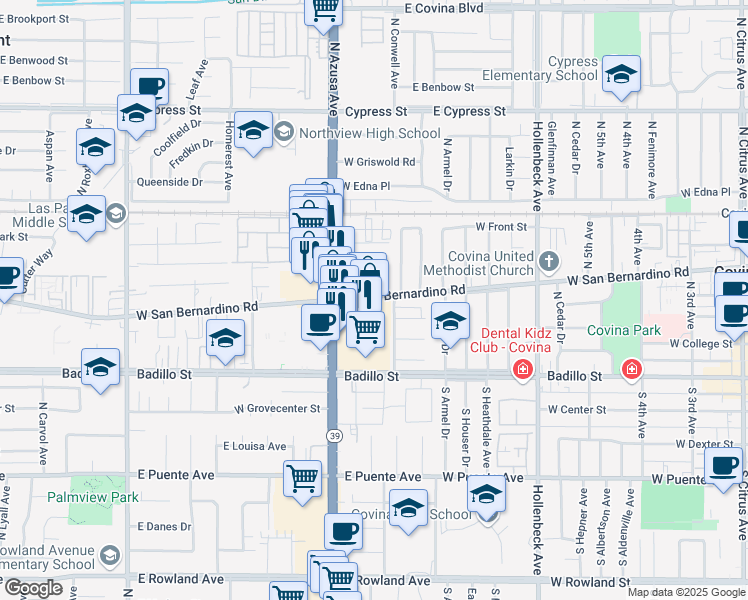 map of restaurants, bars, coffee shops, grocery stores, and more near 816 West San Bernardino Road in Covina