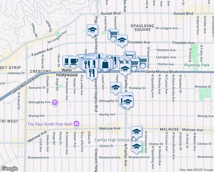 map of restaurants, bars, coffee shops, grocery stores, and more near 1009 North Laurel Avenue in West Hollywood