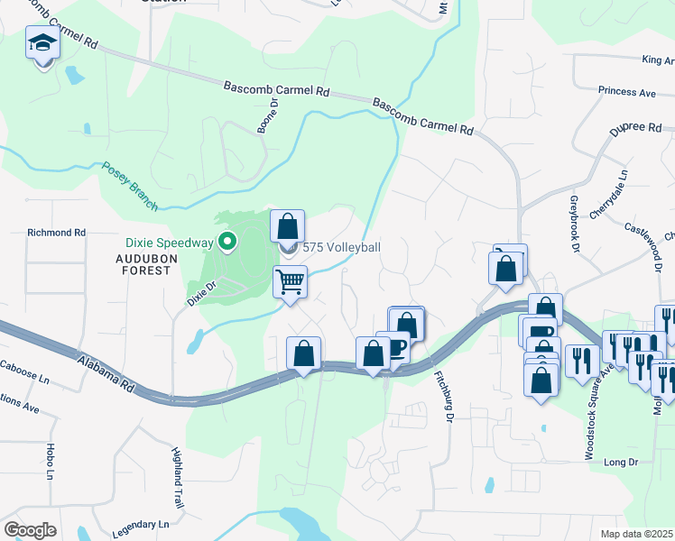 map of restaurants, bars, coffee shops, grocery stores, and more near 203 Townview Drive in Woodstock