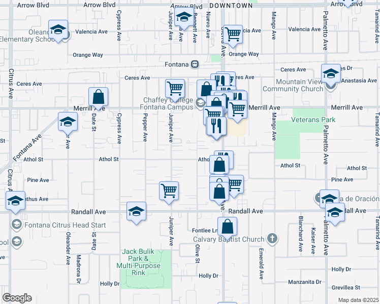 map of restaurants, bars, coffee shops, grocery stores, and more near 9074 Olive Street in Fontana