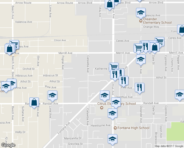 map of restaurants, bars, coffee shops, grocery stores, and more near 9060 Tokay Avenue in Fontana