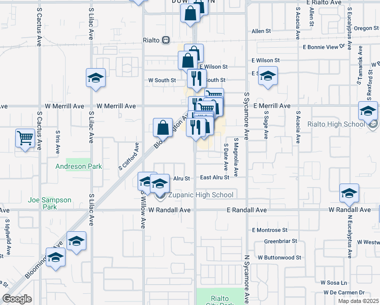map of restaurants, bars, coffee shops, grocery stores, and more near 660 South Riverside Avenue in Rialto