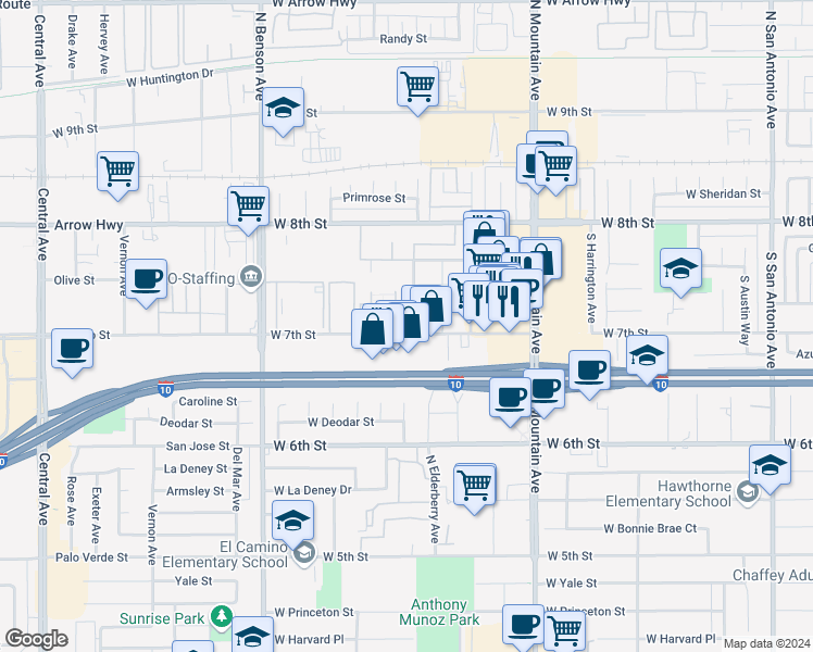 map of restaurants, bars, coffee shops, grocery stores, and more near 1379 West 7th Street in Upland