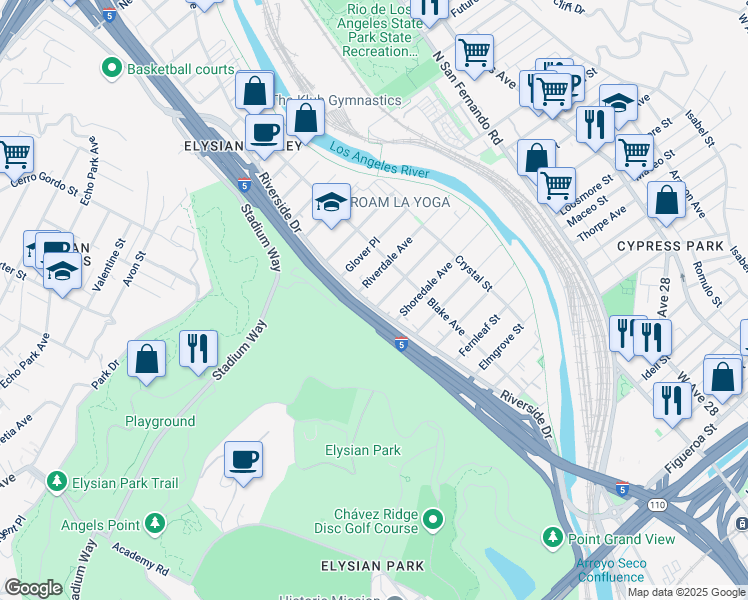 map of restaurants, bars, coffee shops, grocery stores, and more near 2225 Meadowvale Avenue in Los Angeles