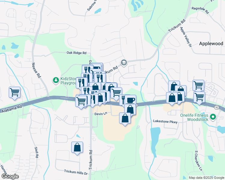 map of restaurants, bars, coffee shops, grocery stores, and more near 406 Aerif Place in Woodstock