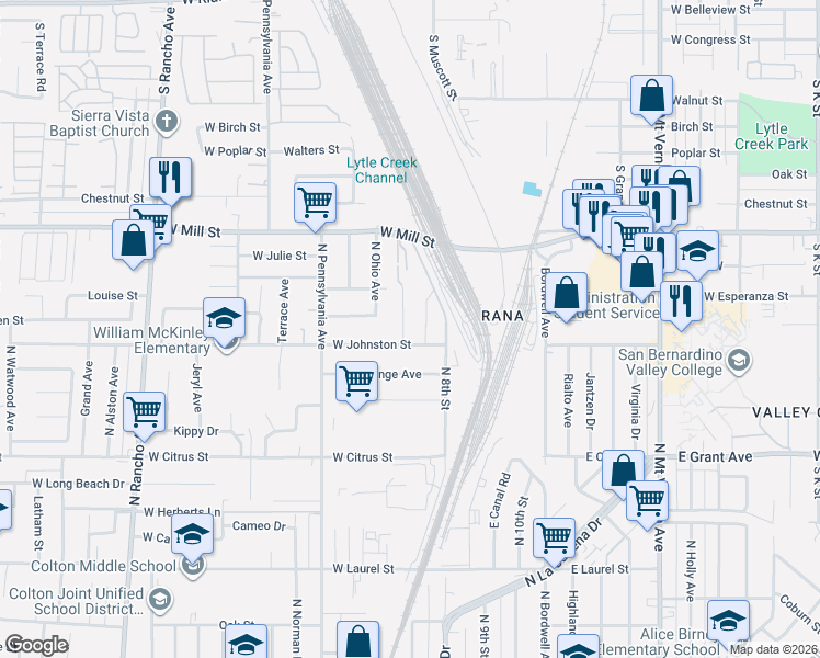 map of restaurants, bars, coffee shops, grocery stores, and more near 1924 Hunter Road in Colton