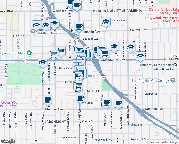 map of restaurants, bars, coffee shops, grocery stores, and more near 1015 North Oxford Avenue in Los Angeles